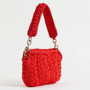 H&M Red Crochet Jersey Shoulder Bag Woven Gold Chain Strap